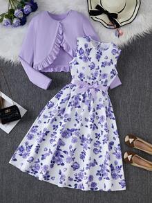 2 件套优雅少女开襟夹克和印花连衣裙套装，适合度假、夏季、旅行 - 淡紫色 - 查看 5