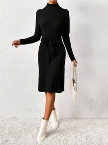 SHEIN Tall Belted Detailed Rib-Knit Solid Color Casual Frenchy Sweater Dress - Black - View 1