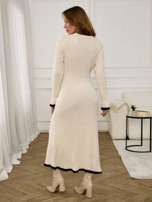 EURMUSE 女士长款荷叶边 A 字形毛衣裙，撞色滚边 - 奶油色 - 查看 2