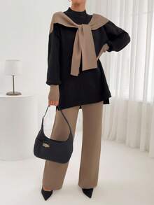 EURMUSE 女士立领长袖侧开衩毛衣和针织长裤休闲套装，秋冬