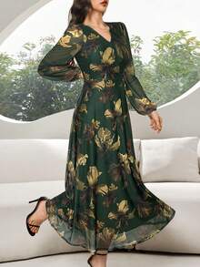 Modelyn Women's Colorblock Printed Elegant V-Neck Long Sleeve Dress