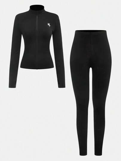 SHEIN Girlism Tween Girls' Casual Yoga Sports Fitted Zip-Up Collar Knit Solid Top And High Waist Leggings Set, Black Back To School Outfit Fall Suitable For Autumn/Winter Daily Wear,Street Style, Home Cozy Fall & Winter Styles Suitable For New Year, Daily, Celebration, Autumn & Winter Outfits For Easy Comfort, Autumn & Winter Layers For Girls, Stylish Girls