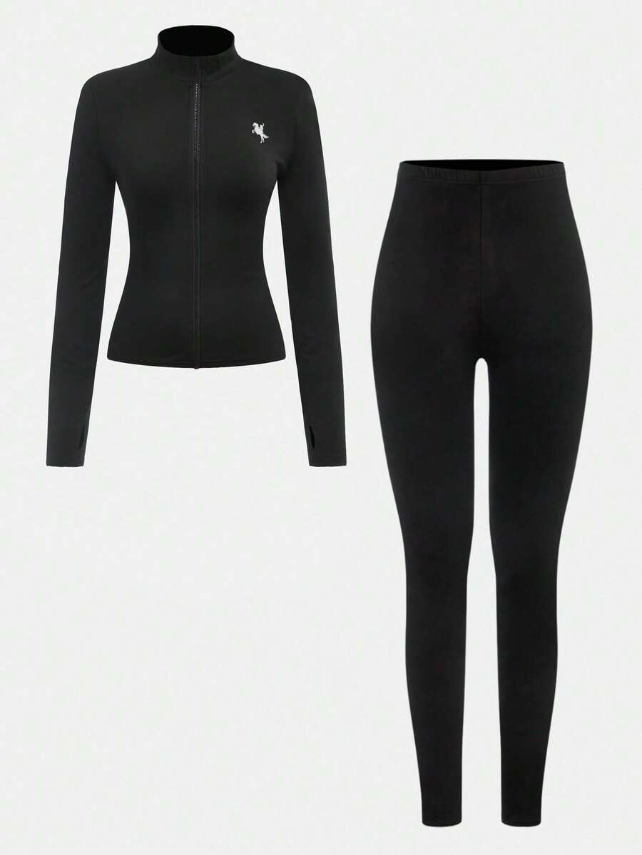 SHEIN Girlism Tween Girls' Casual Yoga Sports Fitted Zip-Up Collar Knit Top & High Waist Leggings Set,Black Autumn Modest Gym Outfit For Fall Winter Daily Wear - Black - View 1