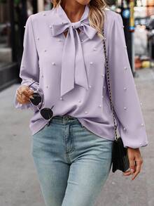 SHEIN LUNE 女士优雅通勤珍珠装饰领带衬衫 - 淺灰紫 - 查看 3
