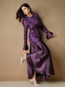 Anewsta 女式优雅纹理拼布伞形下摆连衣裙，适合派对和宴会，春秋季 - 紫色 - 查看 6