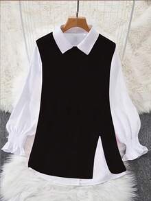 INAWLY 2pcs/Set Spring White Lantern Sleeve Blouse & Loose Fit Open Front Knit Vest, Women Layered Outfit Fall Winter Cloth For Women