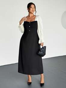 Firerie 大码优雅蕾丝珍珠纽扣装饰休闲连衣裙，适合工作、办公室、通勤、春秋冬 - 黑色 - 查看 5