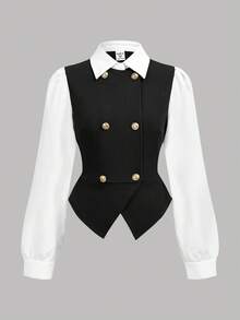 Girlism Teen Girls Shirt Co-Ords Patchwork Double-Breasted Lapel Shirt & Solid Color Pants Casual Suit Set - Black and White - View 8