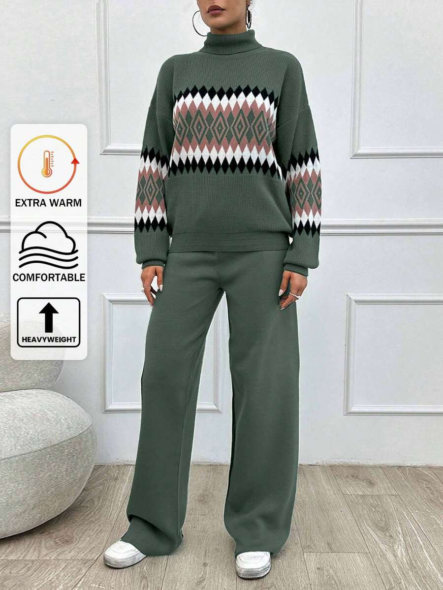 SHEIN Tall 女款幾何圖案高領毛衣 2件/套,小碼套裝,套裝,小碼,冬季衣物,高個女性 - 薄荷綠 - 查看 1