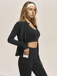 Easithlete Navy Blue 3 PiecesWomen's Activewear Set: High-Waist Long Pants + Sports Bra + Stand-Collar Jacket | Winter 4-Way Stretch Compression Fabric | Phone Pocket + Reflective Stripes | Running/Yoga/Hiking/Climbing - Black - View 4