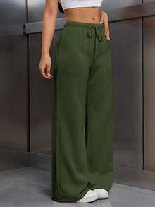 EMERY ROSE 女式松紧腰抽绳保暖内衬宽松裤 - 軍綠色 - 查看 3