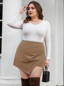 SHEIN Privé 大码女装夏季休闲日常通勤简约纯色百褶裙裤 - 卡其色 - 查看 3
