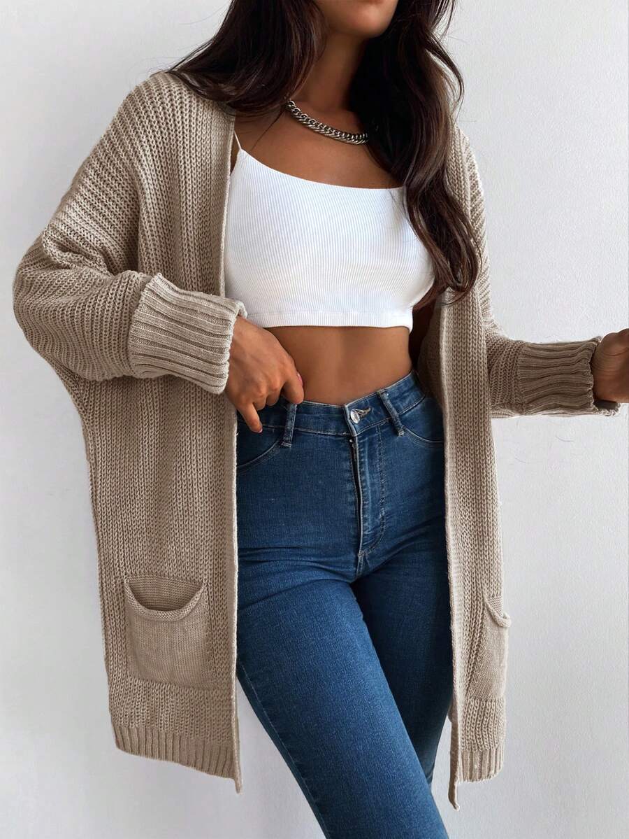 EURMUSE Cárdigan de plumero con doble bolsillos de manga murciélago tejido de canalé - Marrón Mocha - Ver 1