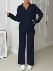 EURMUSE Woman Loose Fit Comfy Warm Thick Polo Neck Sweater And Pants Co-Ords Two Piece Set - Navy Blue - View 5
