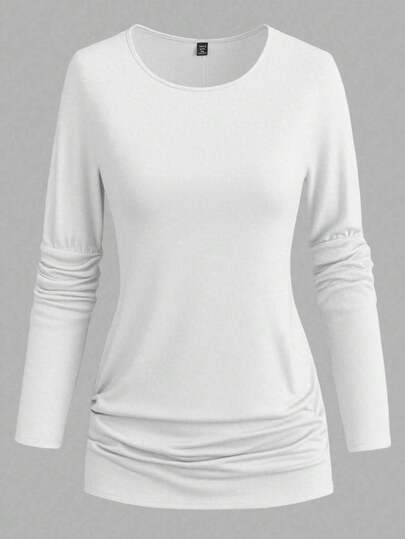 SHEIN LUNE Women's Plus Size Casual Solid Color Crew Neck Long Sleeve Knit T-Shirt, Autumn/Winter