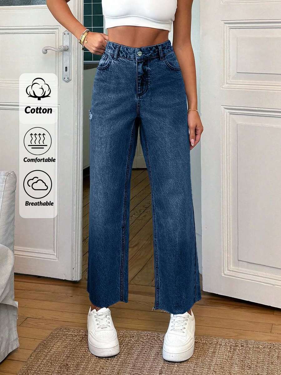 EURMUSE 100 Cotton Mid Waist Frayed Hem Wide Leg Jean Holiday Navy Blue Autumn Streetwear - Medium Wash - View 1