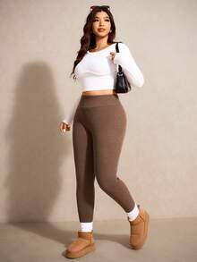 Elaquor Plus Size Women Brown Casual Solid Color Elastic Knit Leggings, Brown Pants For Women, Versatile All-Match Pants For Autumn/Winter - Apricot - View 1