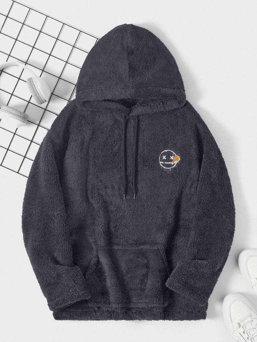 SHEIN Cottnline Men's Cartoon Smiling Face Embroidered Drawstring Hooded Fleece Sweatshirt, Autumn/Winter - Dark Grey - View 1
