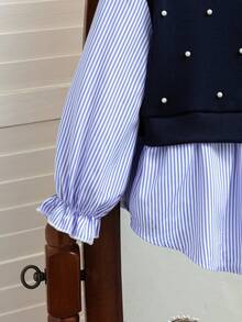 SHEIN 女童条纹印花仿珍珠装饰圆领长袖运动衫 - 藍色 - 查看 4