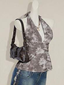 SHEIN ICON Halter Deep V-Neck Cinched Waist A-Line Backless Vintage Camo Tie-Dye Print Chic Y2K Camisole
