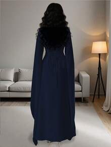 Rafferiza Women's Solid Color Elegant Dignified V-Neck Embroidered Collar Split Long Sleeve Maxi Dress, Suitable For Banquet, Daily Wear, Simple - Navy Blue - View 2