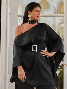 VOLUPTÉ CURVE 情人节加大码新款春季套装，简约都市通勤风，柔滑哑光面料，纯黑色不对称露肩宽松落肩袖腰带装饰垂坠感上衣，搭配缎面阔腿裤，显瘦拉长身形，两件套 - 黑色 - 查看 5