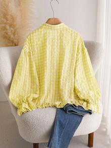CosyJoli Plus Size Plaid Front Button Ruffle Lantern Sleeve Fashion Shirt Butter Yellow - Light Yellow - View 2