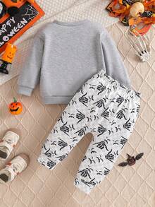 SHEIN Boys' Casual Long Sleeve Sweatshirt And Graphic Print Pants Set, Autumn