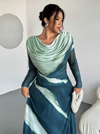 Firerie Plus Size Elegant Casual Vacation Tie Dye Ruched Cowl Neck Elastic Waist Flowy Long Sleeve Dress For Women, Spring/Autumn