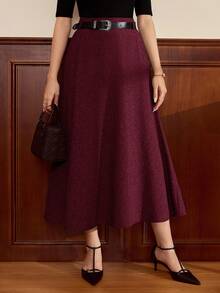 Vintamour Women's Elegant Daily Slant Pocket A-Line Wine Red Skirt, Autumn - Burgundy - View 4