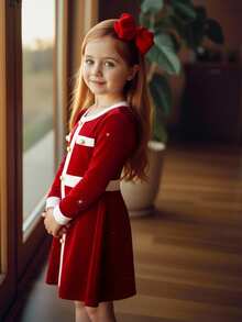 SHEIN Kleine Mädchen Kleid - eine Kombination aus retro, süß, modisch und elegant. Ein glänzendes paillettenverziertes Samtkleid mit kontrastierenden Farbflächen und langen Ärmeln, mit funkelnden herzförmigen Pailletten. Ein lässiges, simples und elegantes Kleid, geeignet für die Hochzeitssaison, damenhaft für Jungen, Herbst- und Winterstil, geeignet für Weihnachten, Partys, den Alltag, Geburtstagskleider, Prinzessinnenoutfits, Schwester-Schwester-Matching-Styles. - Rot - Übersicht 4