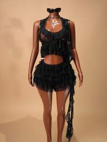 SHEIN BamGlam Blusa con encaje transparente y volantes con diseño de medusa - Negro - Ver 3