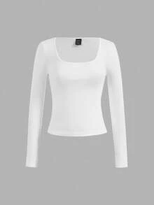 SHEIN Essnce Bộ 4 áo thun cổ vuông tối giản thường ngày dành cho nữ, màu trơn, thích hợp mặc mùa thu/đông, mặc nhiều lớp, mặc ngoài trời, áo lót - Nhiều màu - Xem 4