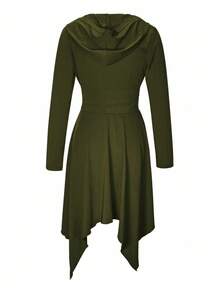 EMERY ROSE Váy dệt kim đơn giản, eo bó, tay dài, viền bất đối xứng, có mũ trùm đầu, màu trơn - xanh quân đội - Xem 2