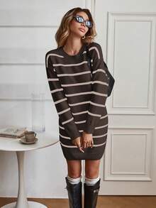 EMERY ROSE 2pcs Striped Black & White Pullover Sweater Dress For Women - Coffee Brown - View 4