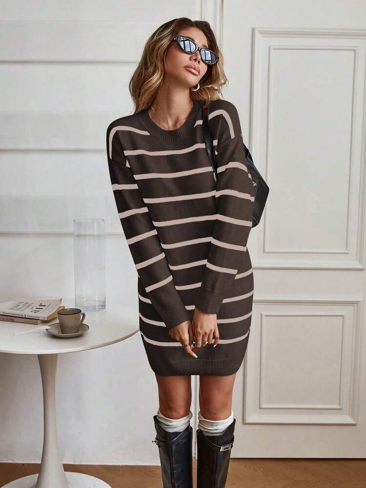 SHEIN LUNE 1pc Women's Striped Black & White Knit Sweater Dress | SHEIN USA