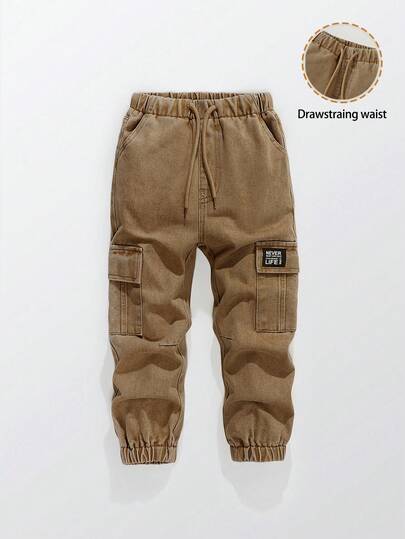 Young Boy Vintage Casual Street Style Multi-Pocket Loose Comfortable Elastic Waist Drawstring Cargo Pants, Khaki