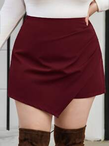 SHEIN Privé Plus Size Women Casual Red Color Shorts Asymmetrical Skirt Maroon Skirt Burgundy Skirt Women Skorts Women Red Skirt Skirts For Women Sexy Skirts For Women - Burgundy - View 4
