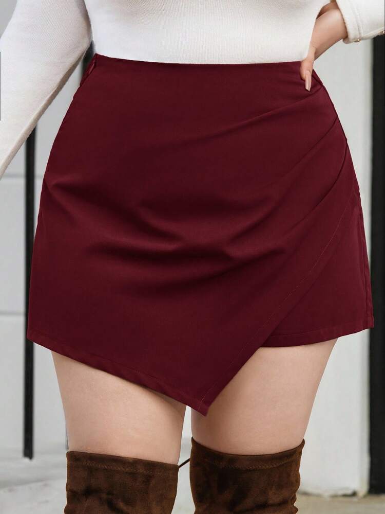 SHEIN Privé 大码女式休闲纯色短裤 - 酒紅色 - 查看 4