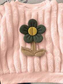 SHEIN 女婴休闲毛绒圆领长袖运动衫套装 - 粉色 - 查看 3