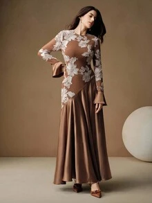 Anewsta 女式圆领喇叭袖复古优雅纹理拼布连衣裙 - 棕色 - 查看 4