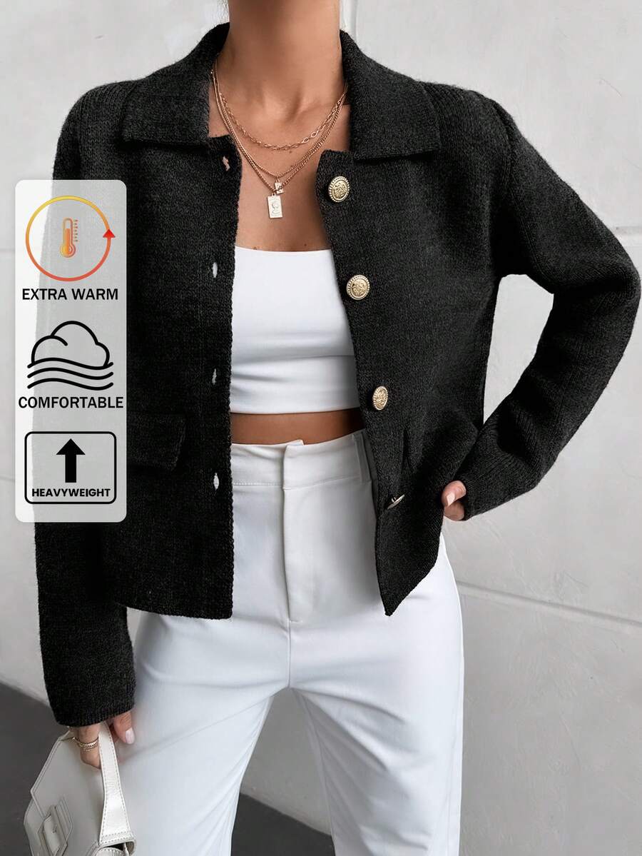 EURMUSE 1pc Solid Color Button Front Elegant Knitted Long Sleeve Cardigan - Black - View 1