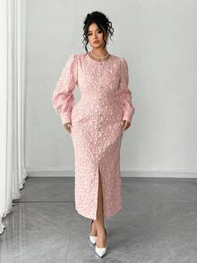Elenzga Plus Size Women Elegant Jacquard Textured Round Neck Puff Sleeve Button Decor Fitted Front Slit Dress - Pink - View 6