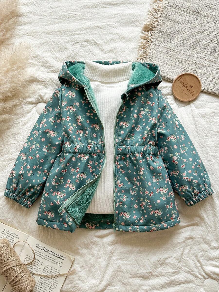 SHEIN Vintaside Kids 女童可爱印花保暖内衬拉链夹克，秋冬 - 綠色 - 查看 1