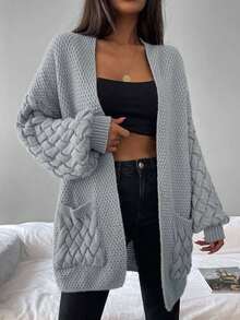 SHEIN 雙口袋落肩袖開門襟開襟衫 - 灰色 - 查看 7