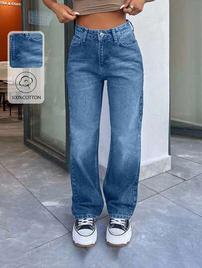 EURMUSE Jean coupe droite haute taille style Y2K 100% coton