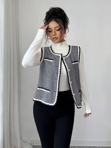 SHEIN Clasi Women's Round Neck Open Front Sleeveless Herringbone Tape Trim Jacket, Suitable For Office, Shopping, Commuting And Other Occasions, Carnival Night - Grey - View 3