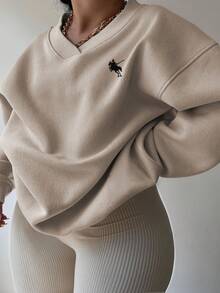 INAWLY 大码简约刺绣V领长袖运动衫