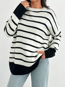 SHEIN Tall 女式黑白休闲毛衣，日常穿着，秋季，冬季 - 黑與白 - 查看 3