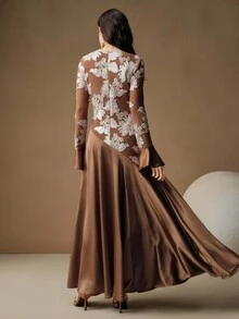 Anewsta 女式圆领喇叭袖复古优雅纹理拼布连衣裙 - 棕色 - 查看 2